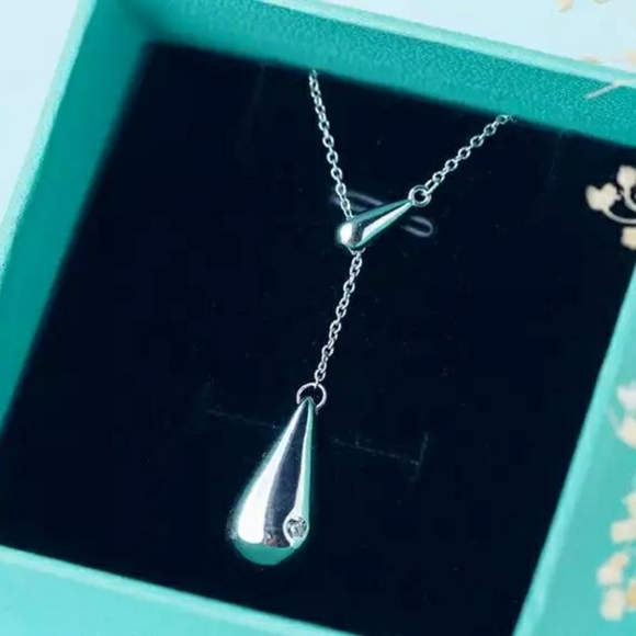NEW 925 Silver Zircon Water Drop Lariat Necklace - Picture 2 of 11